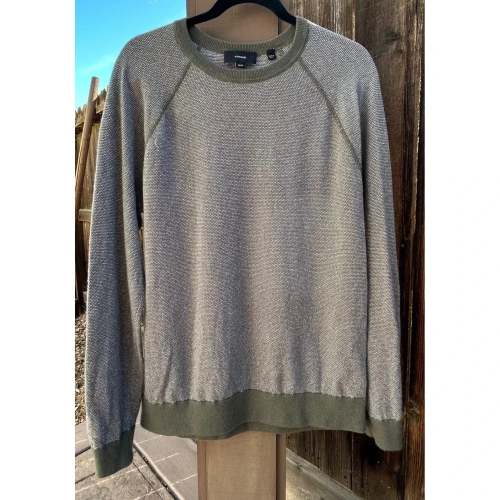 Vince Mens XL Wool Cashmere Birdseye Knit Crewneck Sweater Olive Gray Raglan